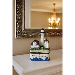Vintage Fenwick Island Lighthouse Porcelain Trinket Box Coastal Decor
